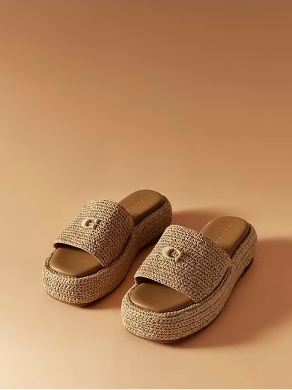 Coach Woven Platform Slide Mules in Natural Tan